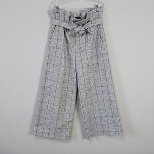 Laveer Boho Chic Paperbag Heathered Plaid Pant Size 12 Gray Tie Belt Wide Leg